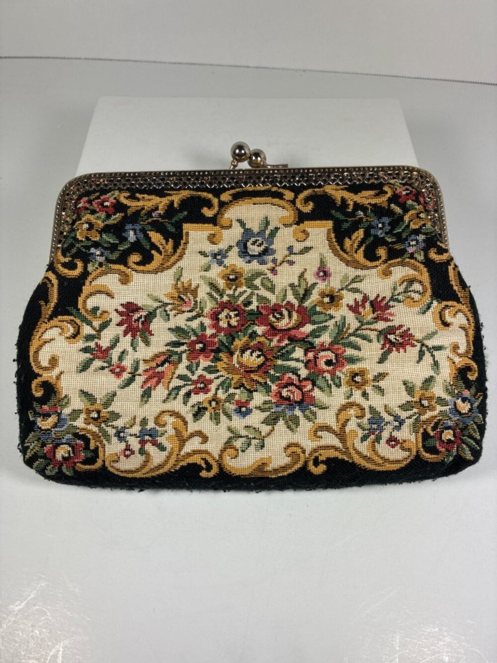Vintage Floral Needlepoint Evening Bag Clutch Ornate Metal Frame - Picture 4 of 8